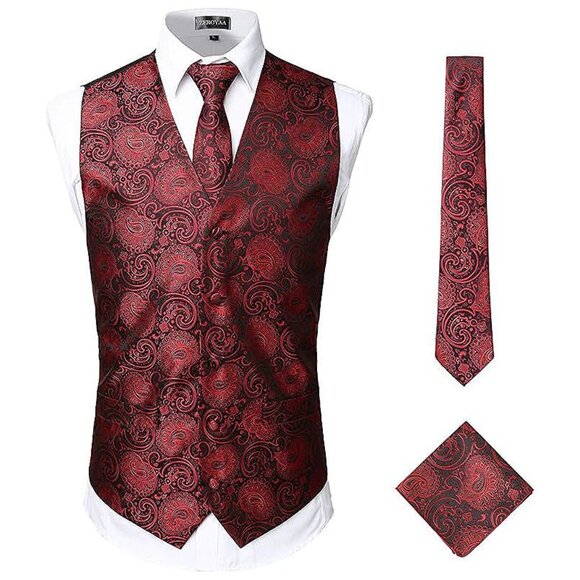 MENS Classic 3pc Jacquard Paisley Vest Set Zlsv08-burgundy Black